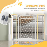 Weisses Treppenschutzgitter 74-100cm ohne Bohren, mit automatischer Schliessfunktion für maximale Sicherheit.