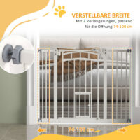Weisses Treppenschutzgitter 74-100cm ohne Bohren, mit integrierter Katzenklappe für Haustiere und Kindersicherheit.