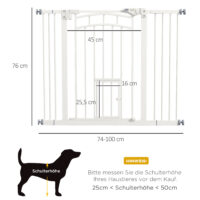 Weisses Treppenschutzgitter 74-100cm ohne Bohren, mit integrierter Katzenklappe für Haustiere und Kindersicherheit.
