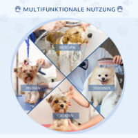 Höhenverstellbarer und klappbarer Trimmtisch mit Unterkorb für Hunde.