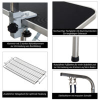 Schwarzer, klappbarer Trimmtisch für Hundepflege.