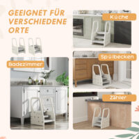 Grauer Tritthocker 3 Stufen höhenverstellbar mit Anti-Rutsch-Oberfläche für Kinder von 2 bis 5 Jahren, sichere Selbstständigkeit.