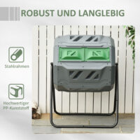Trommel-Komposter 160L mit 2 Kammern zur getrennten Kompostierung, Grau.