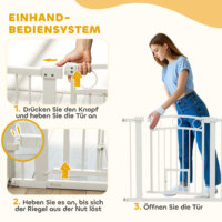 Ein weisses Türschutzgitter mit integrierter Katzentür, verstellbar von 76-104cm, geeignet für mittelgrosse Hunde.