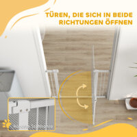 Ein weisses Türschutzgitter mit integrierter Katzentür, verstellbar von 76-104cm, geeignet für mittelgrosse Hunde.