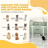 Ein weisses Türschutzgitter mit integrierter Katzentür, verstellbar von 76-104cm, geeignet für mittelgrosse Hunde.