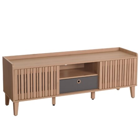 TV-Rack Lowboard TV-Schrank Schiebetür 56x150x40cm beige Schublade grau