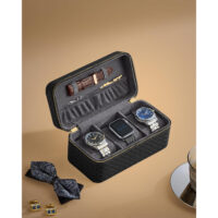 Stilvolles Uhren-Organizer Reiseetui für bis zu 3 Uhren aus PU-Leder und Wildlederimitat. Perfekt für Geschäftsreisen und Wochenendausflüge. Maße: 10 x 20 x 9 cm, Gewicht: 390 g.
