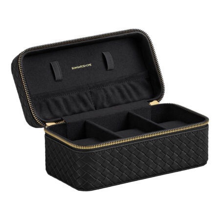 Stilvolles Uhren-Organizer Reiseetui für bis zu 3 Uhren aus PU-Leder und Wildlederimitat. Perfekt für Geschäftsreisen und Wochenendausflüge. Maße: 10 x 20 x 9 cm, Gewicht: 390 g.