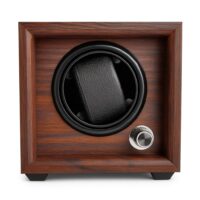 Uhrenbeweger Mr. Smith für 1 Automatikuhr – Dunkelbraun Holzoptik, Frontansicht mit Lederkissen und Drehregler