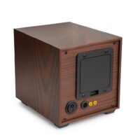 Rückansicht Uhrenbeweger Mr. Smith – Dunkelbraun Holzoptik mit Anschlüssen und Batteriefach