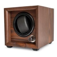 Uhrenbeweger Mr. Smith – Dunkelbraun Holzoptik, Vorderansicht mit Drehknopf und schwarzem Lederkissen für 1 Automatikuhr