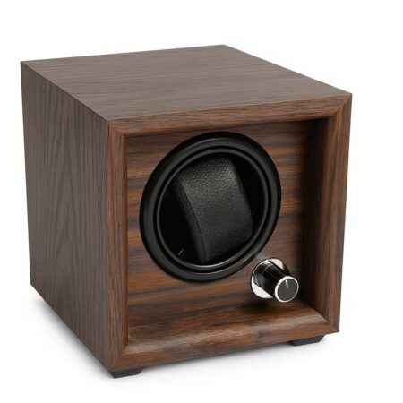 Seitliche Ansicht Uhrenbeweger Mr. Smith – Dunkelbraun Holzoptik, elegantes Design für eine Automatikuhr