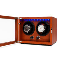Uhrenbeweger Mr. Smith für 2 Automatikuhr – 4 Rotationsmodi leiser Motor Hellbraun Holzoptik offene Glastüre