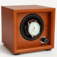 Uhrenbeweger Mr. Smith in Hellbraun für eine Automatikuhr mit eingesetzter Armbanduhr, Vorderansicht