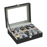 Elegante Uhrenbox aus schwarzem PU-Leder mit Glasdeckel und dunkelgrauen Nähten. Bietet Platz für 10 Uhren, schützt vor Staub und Kratzern und präsentiert die Sammlung stilvoll. Maße: 21 x 25 x 8,5 cm, Gewicht: 0,9 kg.