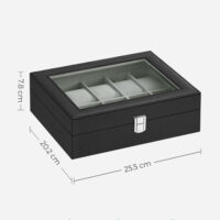 Elegante Uhrenbox aus schwarzem PU-Leder mit Glasdeckel und dunkelgrauen Nähten. Bietet Platz für 10 Uhren, schützt vor Staub und Kratzern und präsentiert die Sammlung stilvoll. Maße: 21 x 25 x 8,5 cm, Gewicht: 0,9 kg.