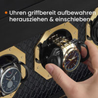 Elegante Uhrenaufbewahrung mit Doppelfenstern für 9 Uhren, Sonnenbrillen und Schmuck. Weiche Wildlederauskleidung schützt Ihre Schätze. Material: PU-Leder, Wildlederimitat, Metall, Glas. Maße: 16,2 x 40 x 25,3 cm, Gewicht: 3,9 kg.