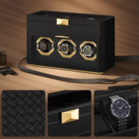 Elegante Uhrenaufbewahrung mit Doppelfenstern für 9 Uhren, Sonnenbrillen und Schmuck. Weiche Wildlederauskleidung schützt Ihre Schätze. Material: PU-Leder, Wildlederimitat, Metall, Glas. Maße: 16,2 x 40 x 25,3 cm, Gewicht: 3,9 kg.