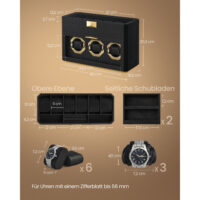 Elegante Uhrenaufbewahrung mit Doppelfenstern für 9 Uhren, Sonnenbrillen und Schmuck. Weiche Wildlederauskleidung schützt Ihre Schätze. Material: PU-Leder, Wildlederimitat, Metall, Glas. Maße: 16,2 x 40 x 25,3 cm, Gewicht: 3,9 kg.