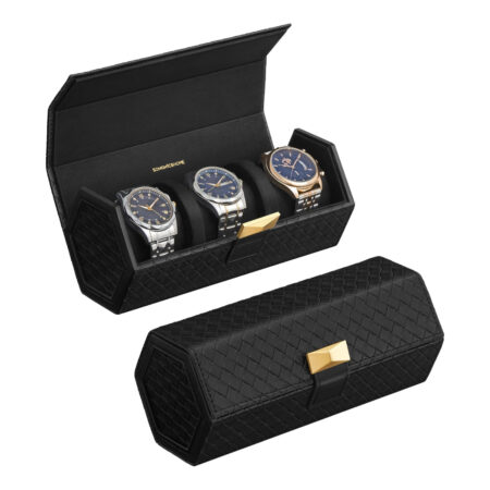 Uhren-Etui mit Geheimfach aus schwarzem PU-Leder, mit herausnehmbarem Uhrenkissen und verstecktem Stauraum. Elegantes Design mit Samtfutter, ideal für Uhrenliebhaber und Geschäftsreisende. Maße: 9,8 x 21,2 x 8,7 cm.