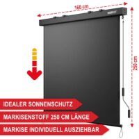 Senkrechte Sonnenstore 250x160 cm als stilvoller Sonnenschutz für Balkon oder Terrasse.