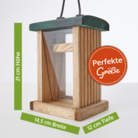 Vogelfutterhaus Grünspitz mit Plexiglasscheiben und Aufhängung.