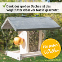 Vogelhaus Futterküche, wetterfest und aus Holz, mit befüllbarem Dach.