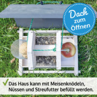 Vogelhaus Futterküche, wetterfest und aus Holz, mit befüllbarem Dach.