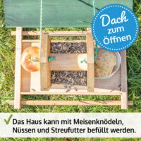 Wetterfestes Vogelhaus Futterküche aus Holz mit Dach zum Befüllen.