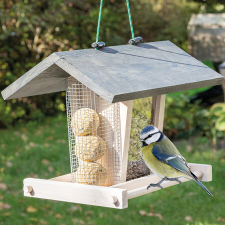 Vogelhaus Futterküche, wetterfest und aus Holz, mit befüllbarem Dach.