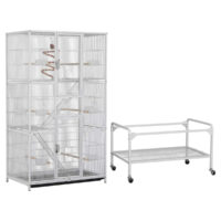 Große Vogelvoliere mit Nymphensittichen und Unzertrennlichen, ausgestattet mit Kletterseil, Sitzstangen und Futterstationen – idealer Vogelkäfig für Wellensittiche und andere Ziervögel.