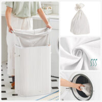 Weißer Bambus-Wäschekorb mit 72 Litern, nachhaltig und dekorativ.