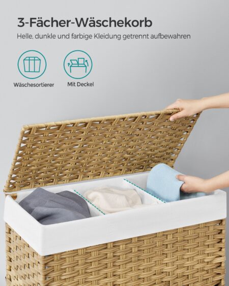 Wäschekorb Wäschesammler mit 3 Fächern Natur.