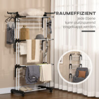 Schwarzer Wäscheständer und Wäschetrockner mit 4 Ebenen und Rollen platzsparend