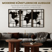 Wanddeko Weltkarte 3-teilig für Wohnzimmer Metall schwarz