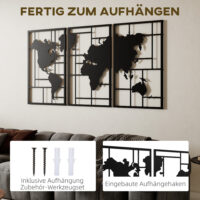 Wanddeko Weltkarte 3-teilig für Wohnzimmer Metall schwarz