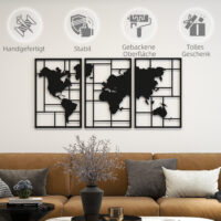 Wanddeko Weltkarte 3-teilig für Wohnzimmer Metall schwarz
