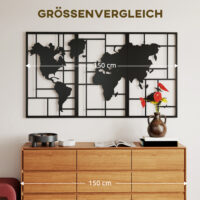 Wanddeko Weltkarte 3-teilig für Wohnzimmer Metall schwarz