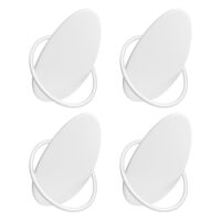 Set aus vier modernen weißen Wandhaken mit ovalem Design und gebogenem Metallbügel. Perfekt für Jacken, Taschen und Accessoires.