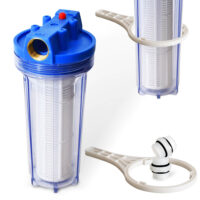 Wasserfilter mit 100 µm Filtereinsatz, 1-Zoll-Messinggewinde, 6000 l/h Durchfluss, auswaschbarer Kartusche, Überdruckventil und transparentem Gehäuse – idealer Schutz für Pumpen und Gartenbewässerungssysteme.