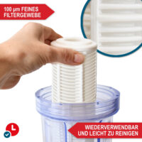 Wasserfilter mit 100 µm Filtereinsatz, 1-Zoll-Messinggewinde, 6000 l/h Durchfluss, auswaschbarer Kartusche, Überdruckventil und transparentem Gehäuse – idealer Schutz für Pumpen und Gartenbewässerungssysteme.