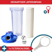 Wasserfilter mit 100 µm Filtereinsatz, 1-Zoll-Messinggewinde, 6000 l/h Durchfluss, auswaschbarer Kartusche, Überdruckventil und transparentem Gehäuse – idealer Schutz für Pumpen und Gartenbewässerungssysteme.
