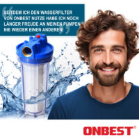 Wasserfilter mit 100 µm Filtereinsatz, 1-Zoll-Messinggewinde, 6000 l/h Durchfluss, auswaschbarer Kartusche, Überdruckventil und transparentem Gehäuse – idealer Schutz für Pumpen und Gartenbewässerungssysteme.