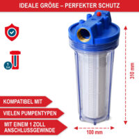 Wasserfilter mit 100 µm Filtereinsatz, 1-Zoll-Messinggewinde, 6000 l/h Durchfluss, auswaschbarer Kartusche, Überdruckventil und transparentem Gehäuse – idealer Schutz für Pumpen und Gartenbewässerungssysteme.