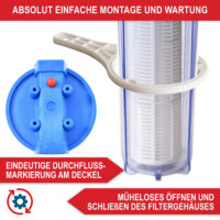 Wasserfilter mit 100 µm Filtereinsatz, 1-Zoll-Messinggewinde, 6000 l/h Durchfluss, auswaschbarer Kartusche, Überdruckventil und transparentem Gehäuse – idealer Schutz für Pumpen und Gartenbewässerungssysteme.