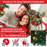 Beleuchtete Weihnachts-Girlande mit Deko für Innen- und Außenbereich.