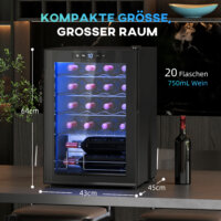 Ein Weinkühlschrank und Weinklimaschrank für 20 Flaschen, Temperaturbereich 5-18 Grad Celsius, mit Anti-UV-Glastür, LED und Touchscreen.