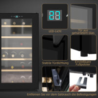 Ein schwarzer Weinkühlschrank und Weinklimaschrank für 24 Flaschen mit LED-Beleuchtung.