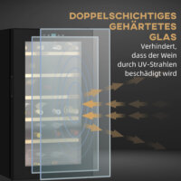 Ein schwarzer Weinkühlschrank und Weinklimaschrank für 24 Flaschen mit LED-Beleuchtung.